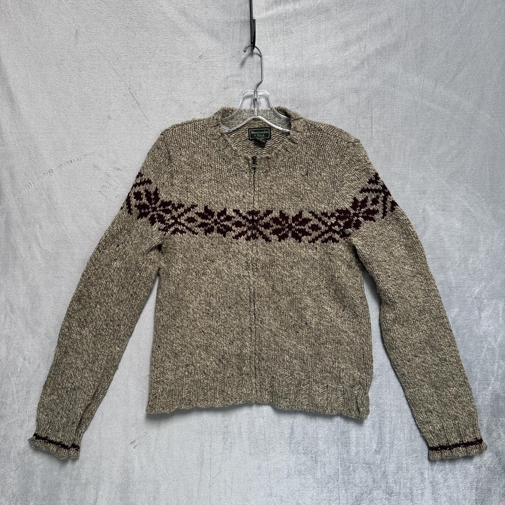 Abercrombie & Fitch Sweater Womens S Beige Wool Fair Isle Full Zip Knit Nordic